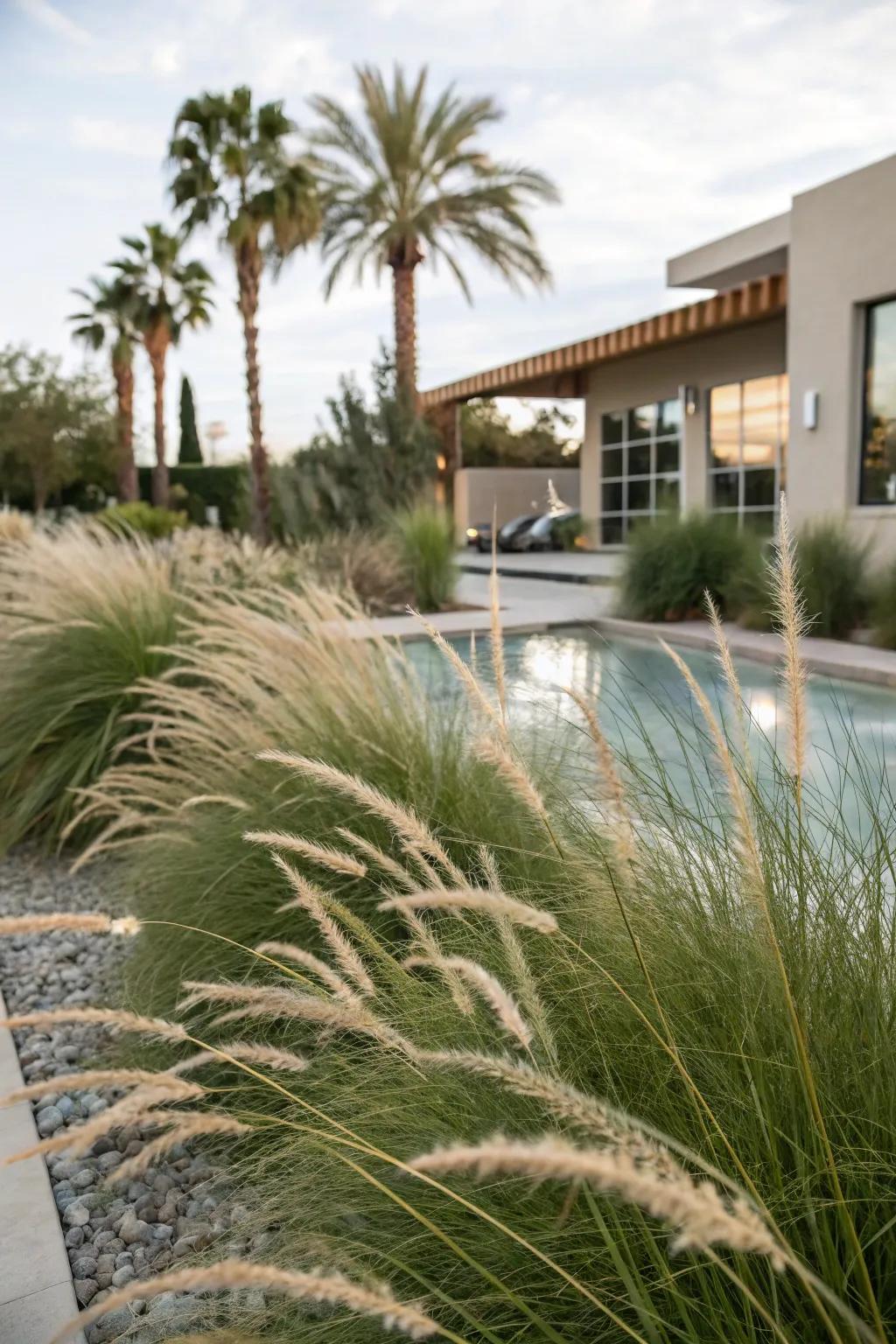 Ornamental grasses offering privacy in a Las Vegas backyard.