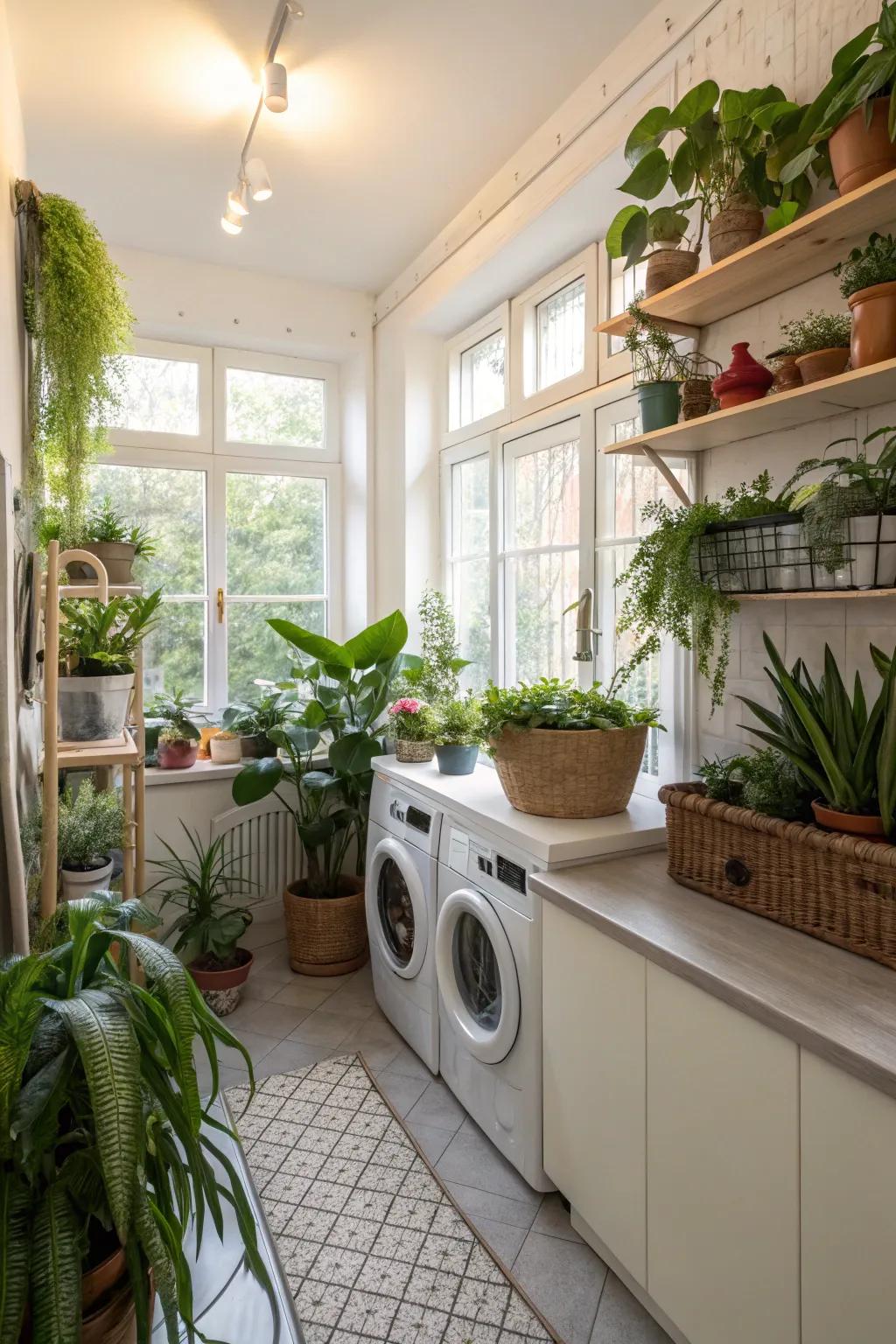 Indoor plants add a refreshing touch to your laundry room.