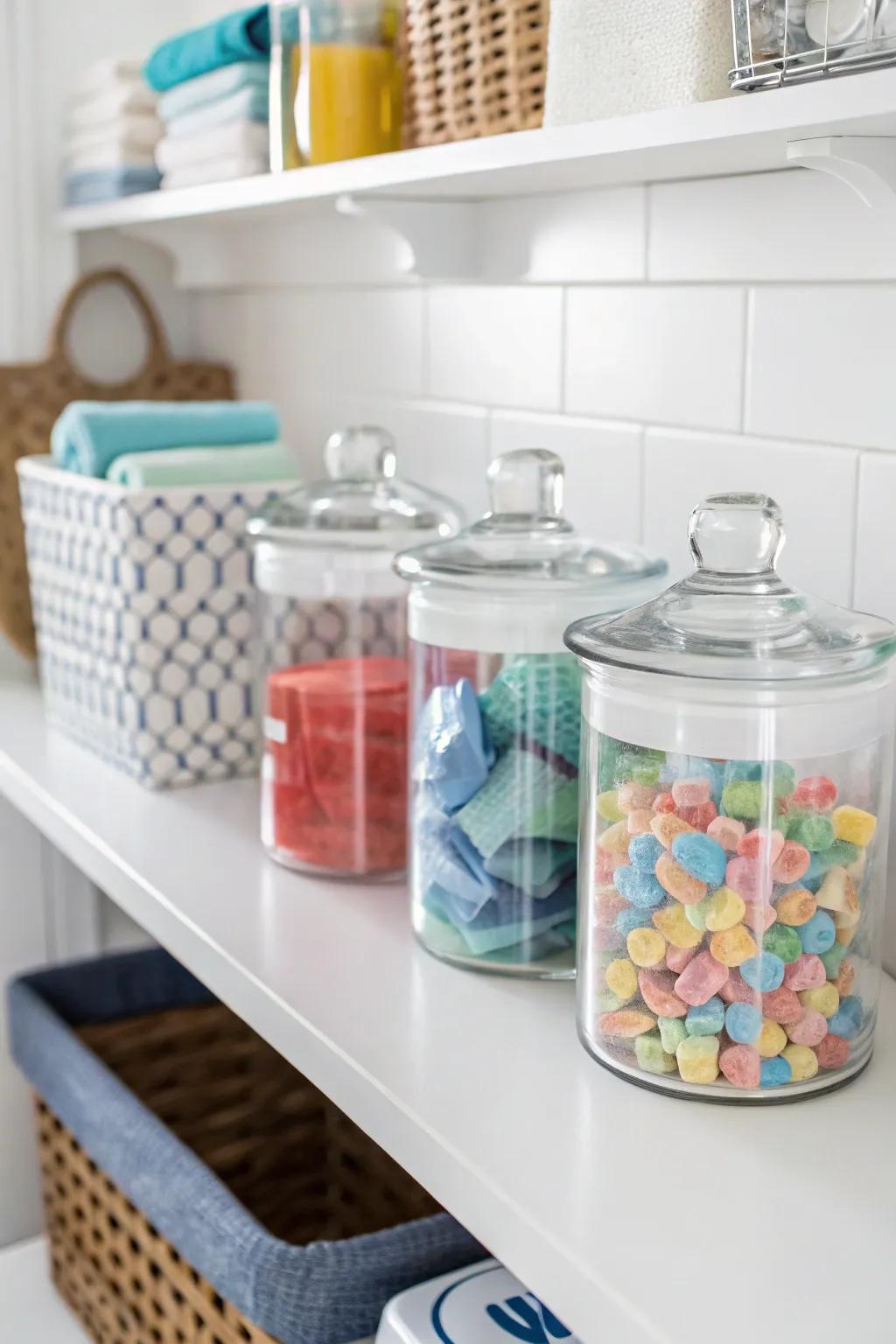 Glass vessels offer versatile storage for laundry essentials.