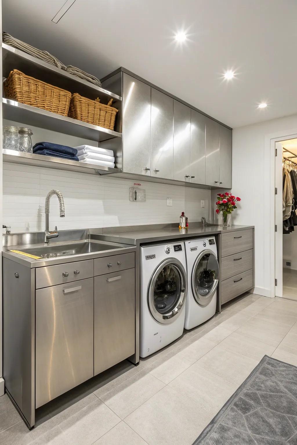 Stainless steel countertops that are sleek and modern in a laundry room.