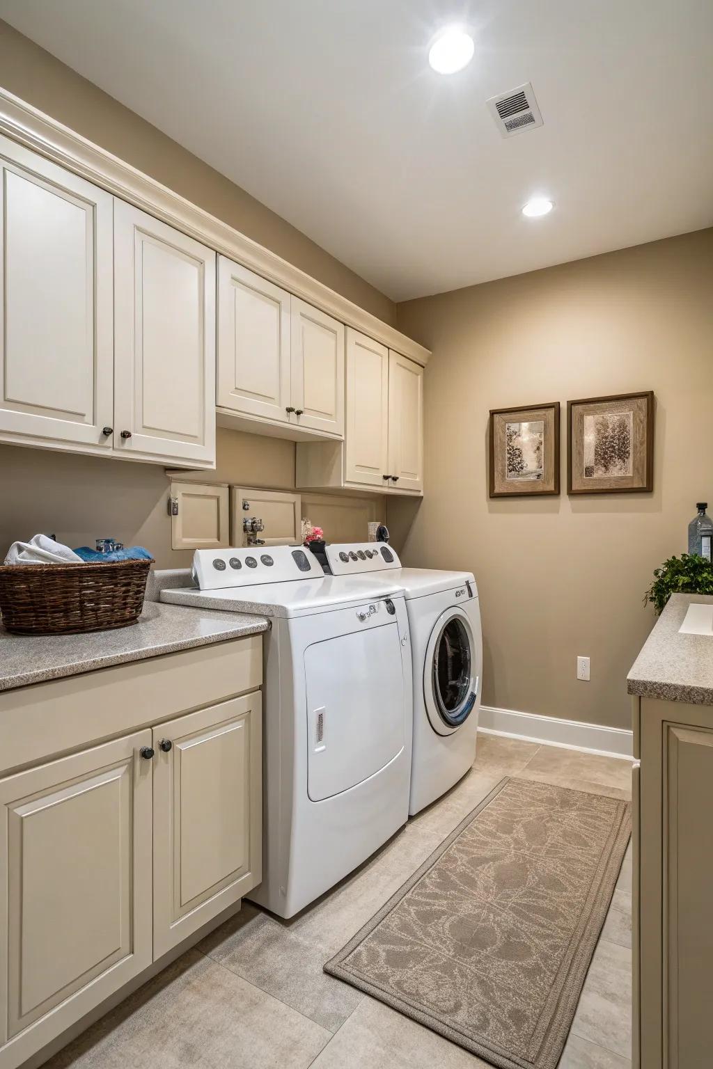 Neutral colors create a calming, enduring laundry space.