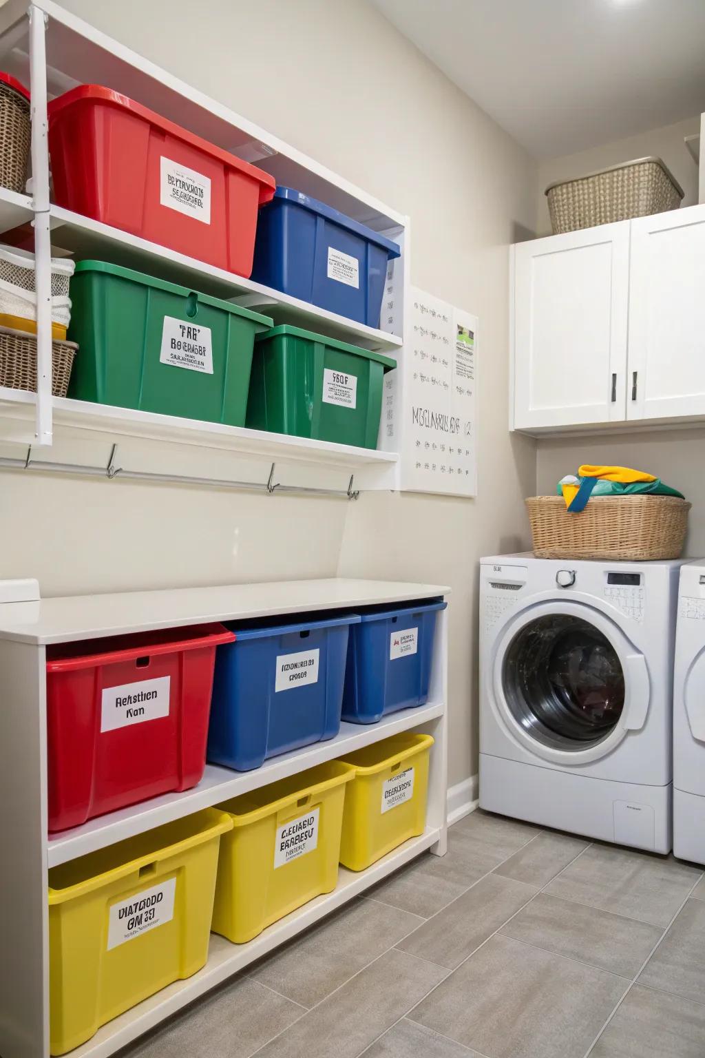 Use a color-coded bin system to keep things organized.