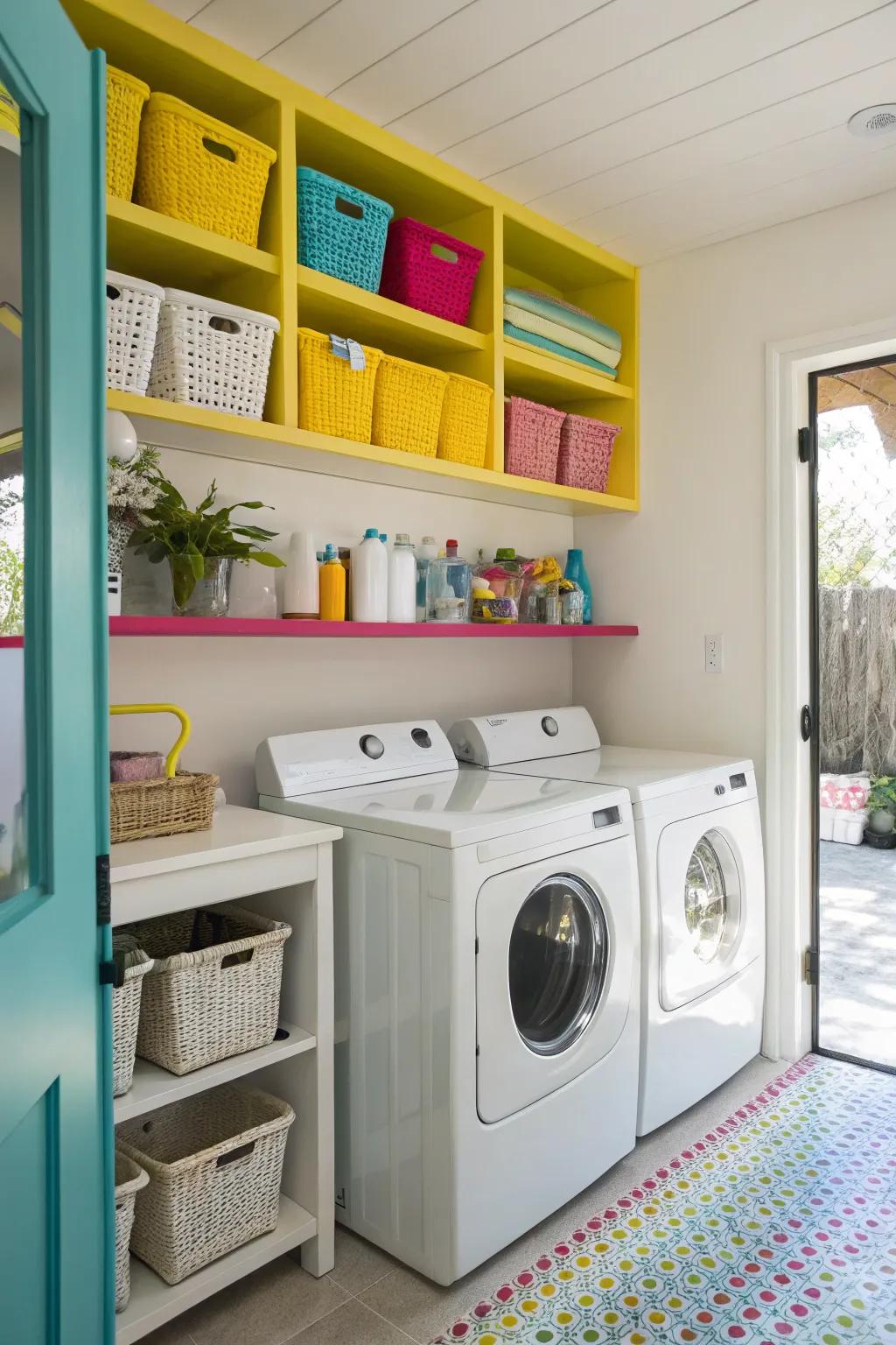Brightly painted shelves add a pop of color and personality.