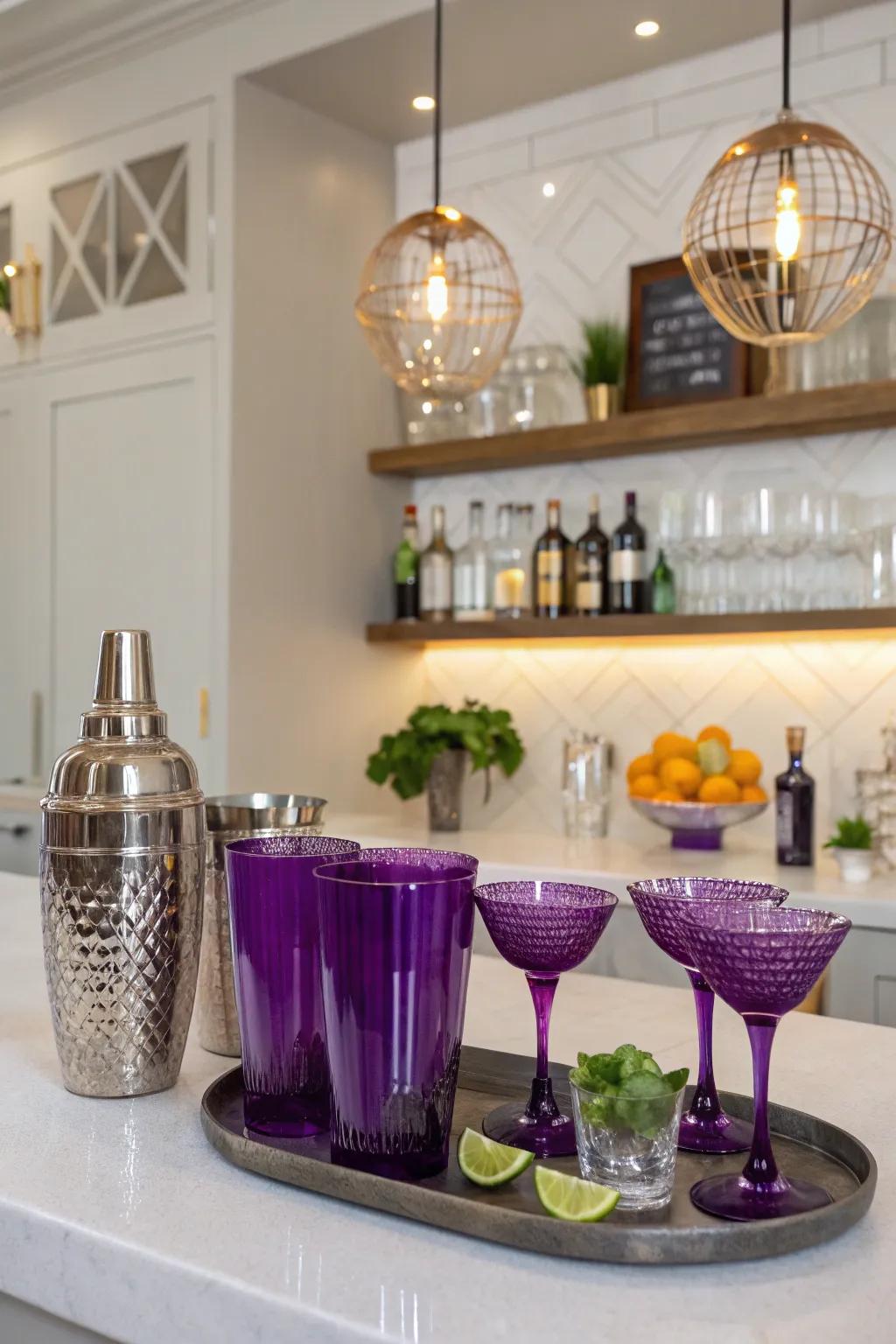 A stylish home bar featuring plum drinkware for a sophisticated entertaining experience.