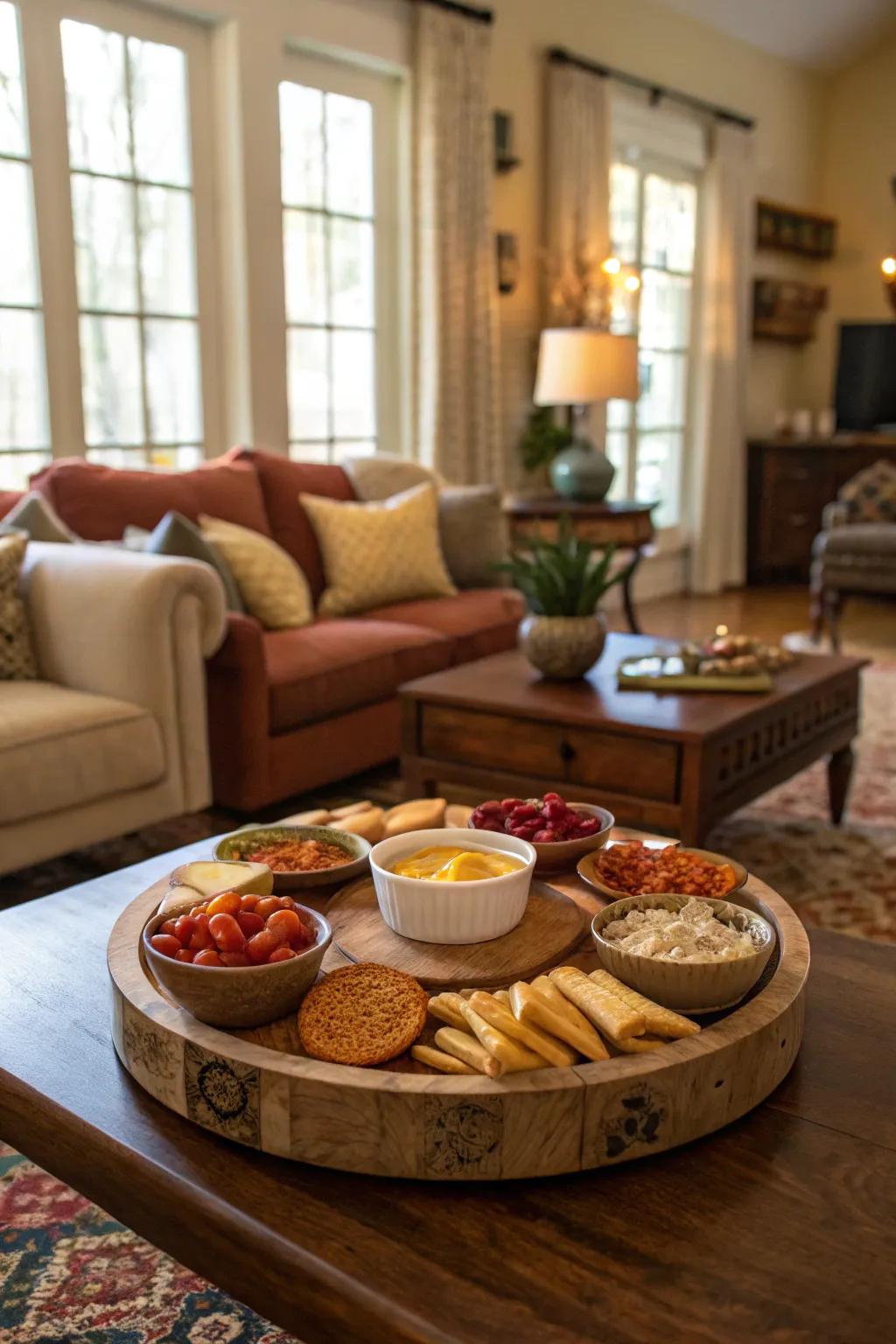 A playful snack station includes a <strong>lazy Susan</strong>, ideal for hosting guests.&rdquo; loading=&rdquo;lazy&rdquo; class=&rdquo;pimg&rdquo;>
	</picture><figcaption>A playful snack station includes a <strong>lazy Susan</strong>, ideal for hosting guests.</figcaption></figure>
<p>Set up a <strong>snack station</strong> in your kitchen or living area using a <strong>lazy Susan</strong>. Great for get-togethers, it keeps treats and dips easily accessible for everyone.</p>
<h3>Give these a look:</h3>
<ul class=