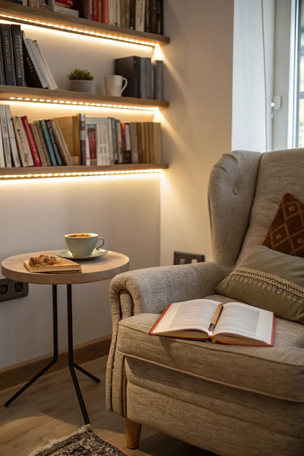 A cozy reading nook illuminated by illuminating bands.
