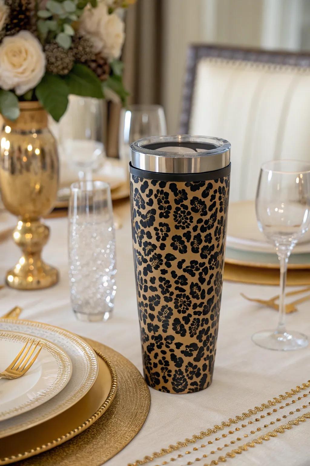 Effortlessly elegant dark and shiny gold jungle cat print cup for sophisticated gatherings.