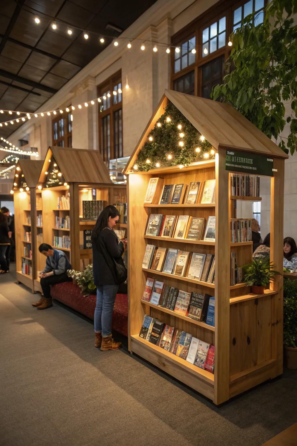 A library with a themed book display designed to captivate visitors.