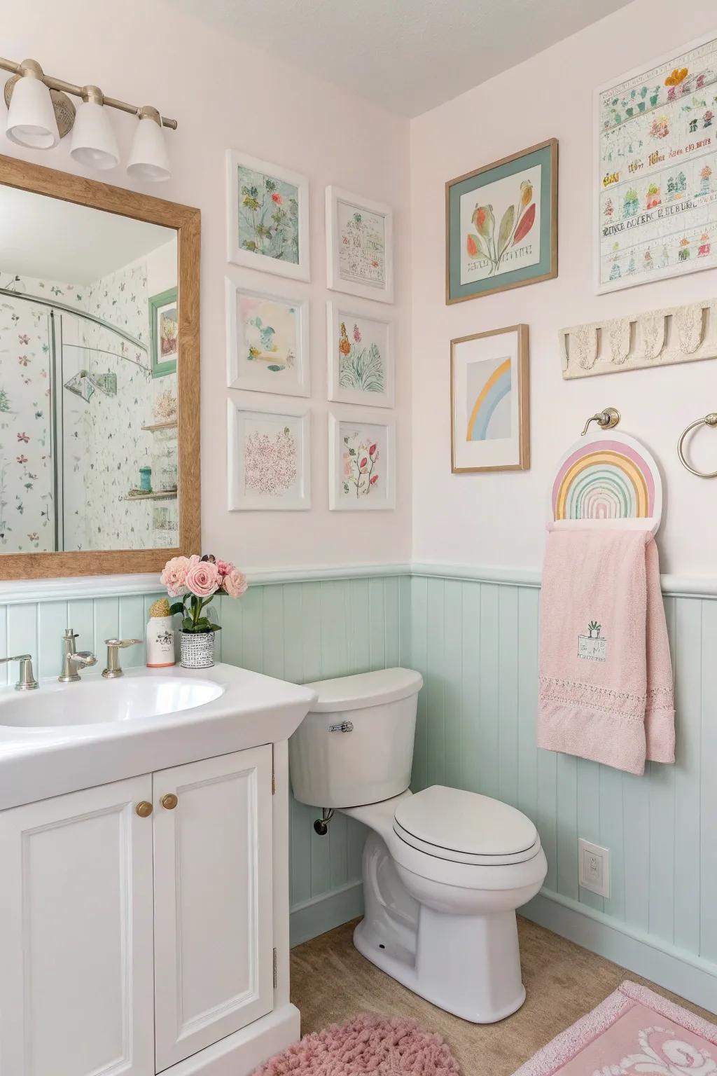 Pastel details bring playful energy to a bright bathroom.