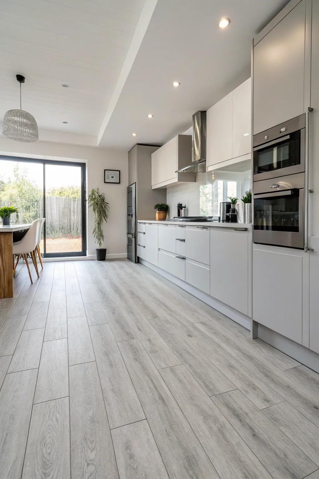 Pale gray plastic composite flooring creates a sleek vibe in this modern kitchen.