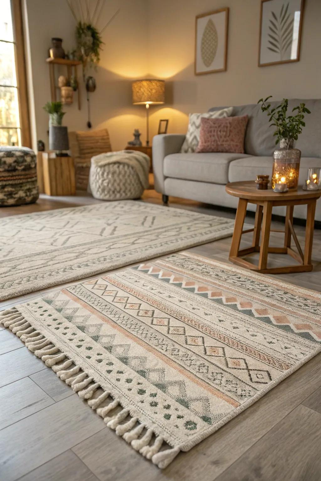 A cozy living room featuring layered rugs and light grey flooring.
