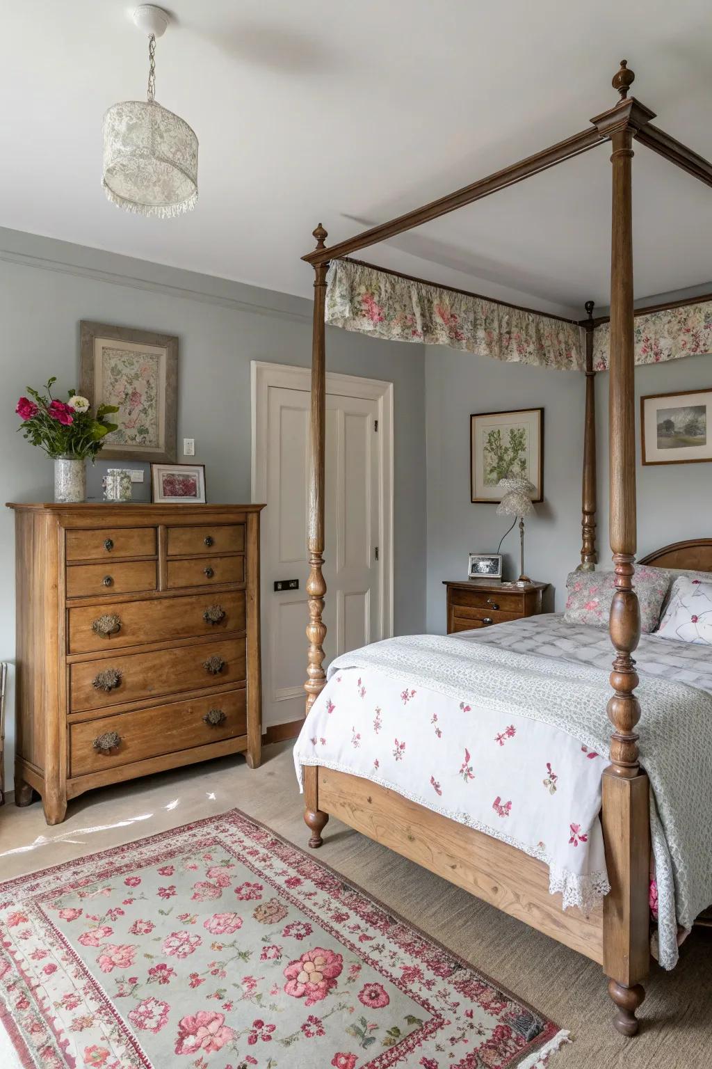Vintage furniture adds character to a light grey bedroom.