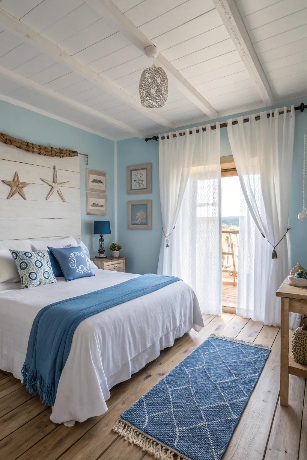 A seaside motif creates a serene atmosphere featuring bright timber flooring.