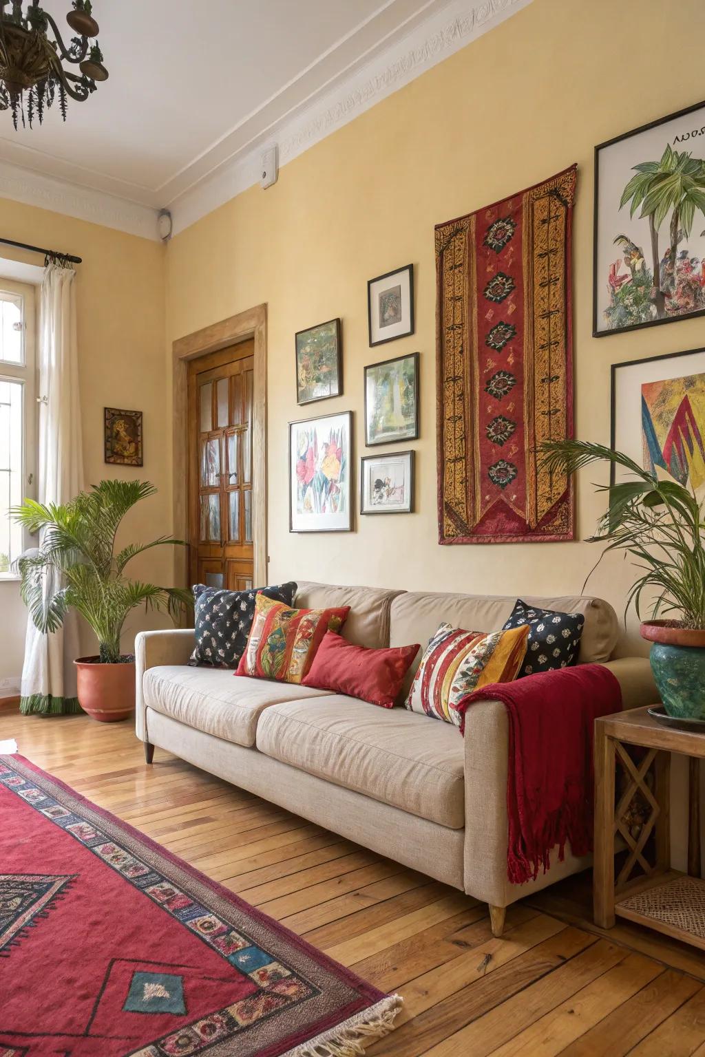 A living area enlivened with bursts of vibrant color, breathing life into the light wooden floors.