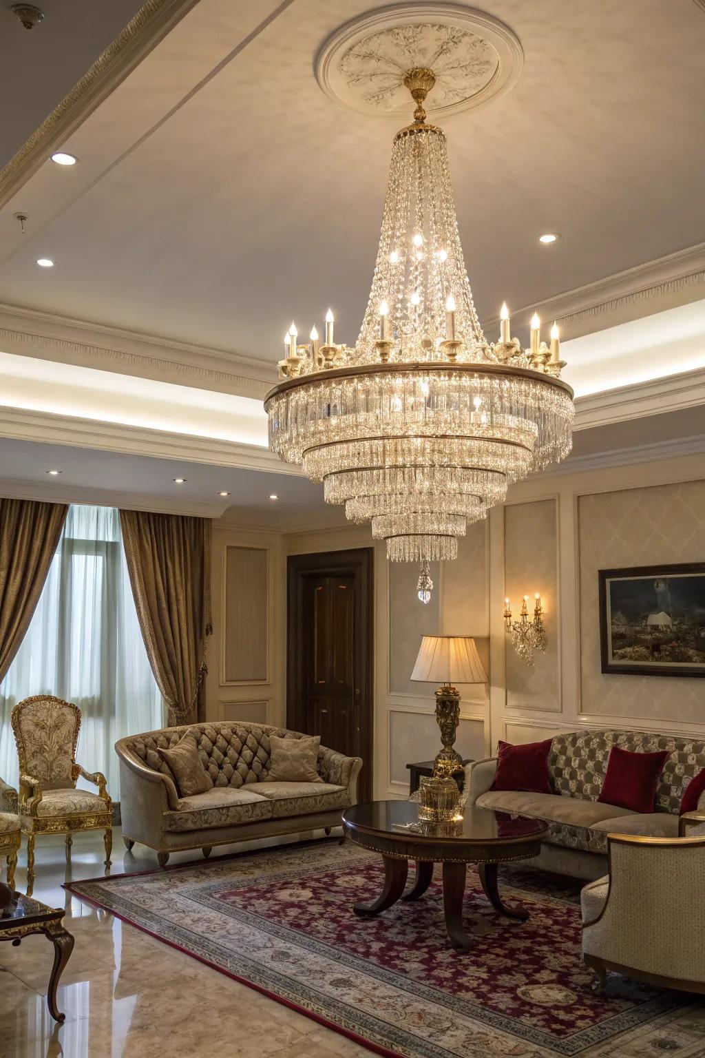 Gemstone chandeliers radiate opulence and elegance.