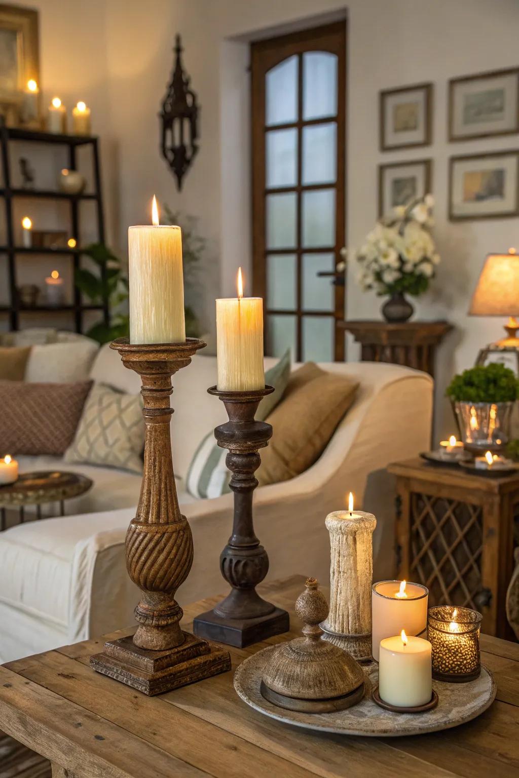 Candles and display units bring warmth and visual intrigue to your Christmas ornamentation.