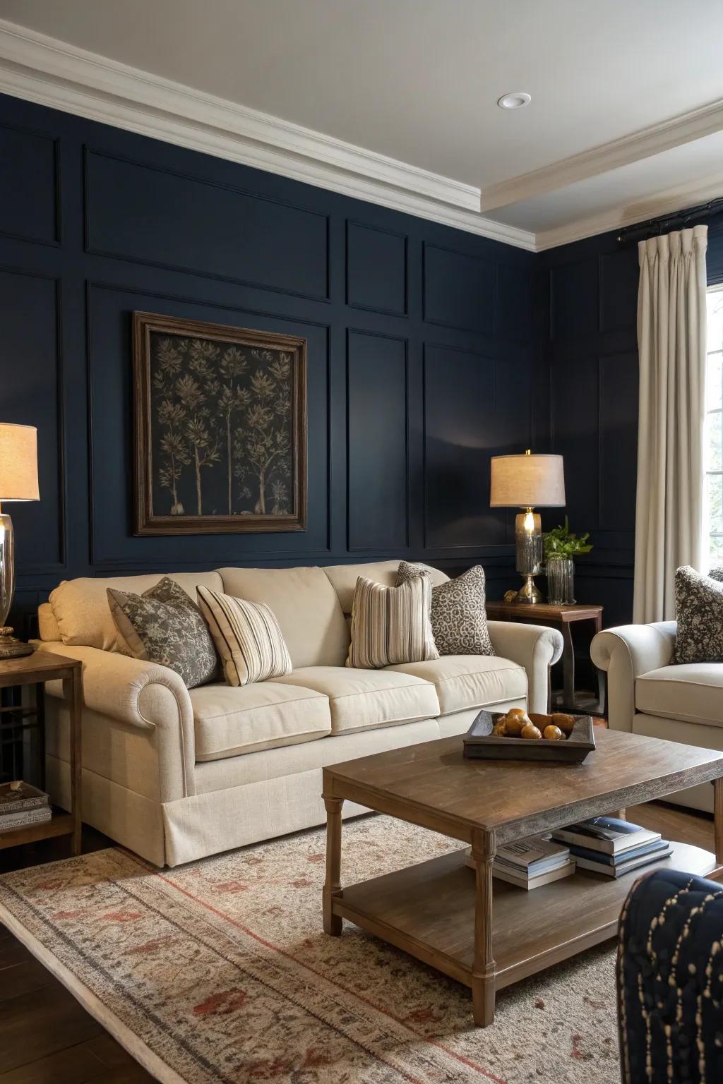 A dark accent wall adds drama and elegance to your living space.