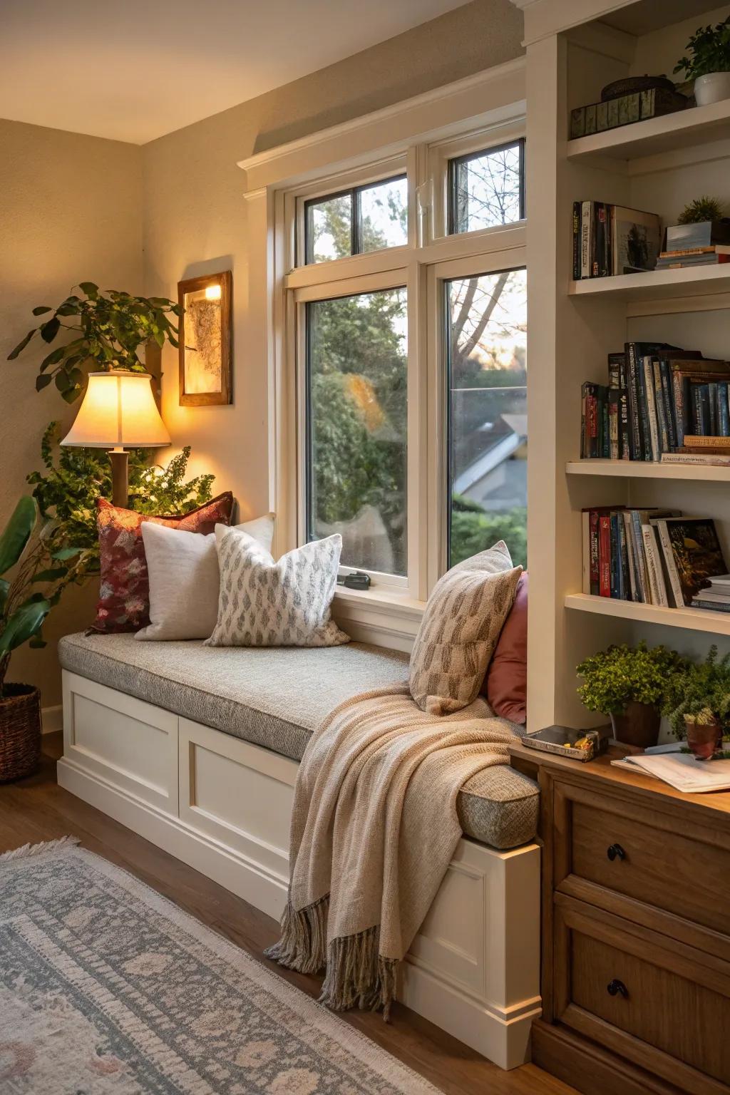 A window seat is a charming addition to a corner with a view.