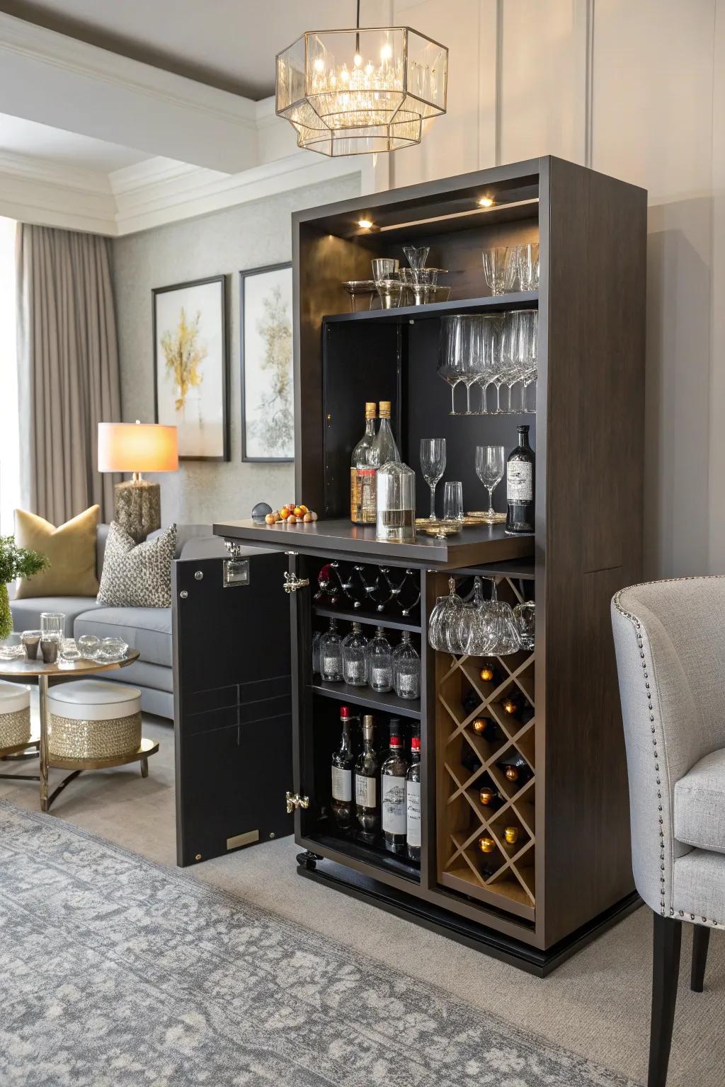 A chic compact personal bar using cube storage for stylish entertainment.