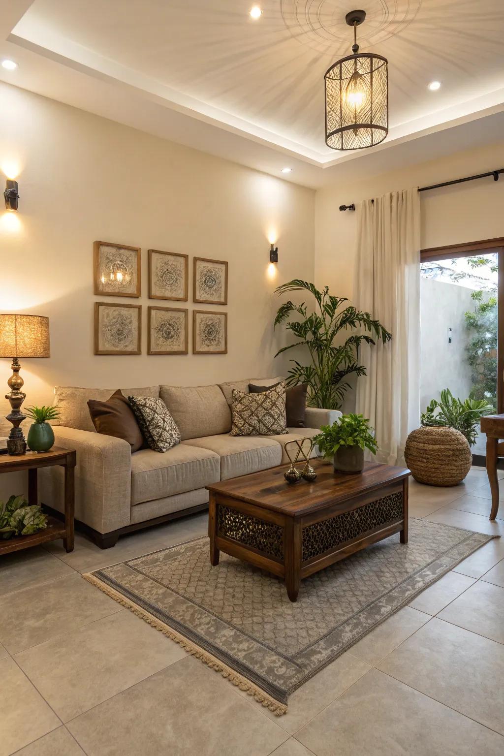 Harmonious family room with cohesive tile integration.