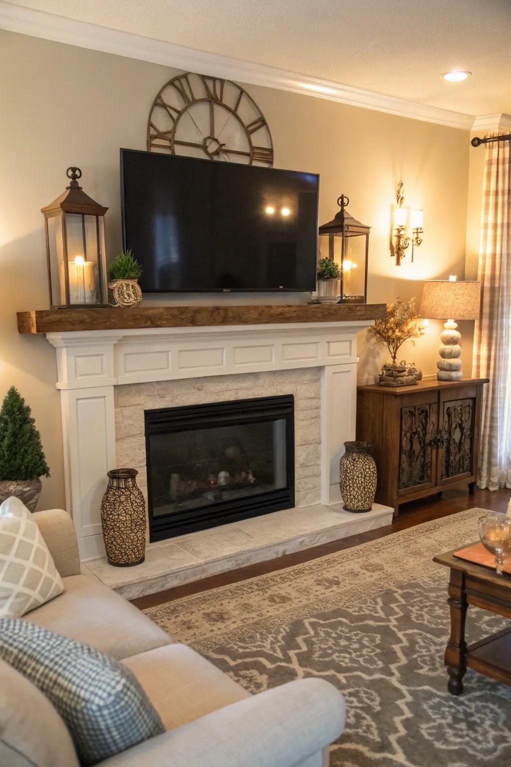 A striking hearth becomes the space's focal point.