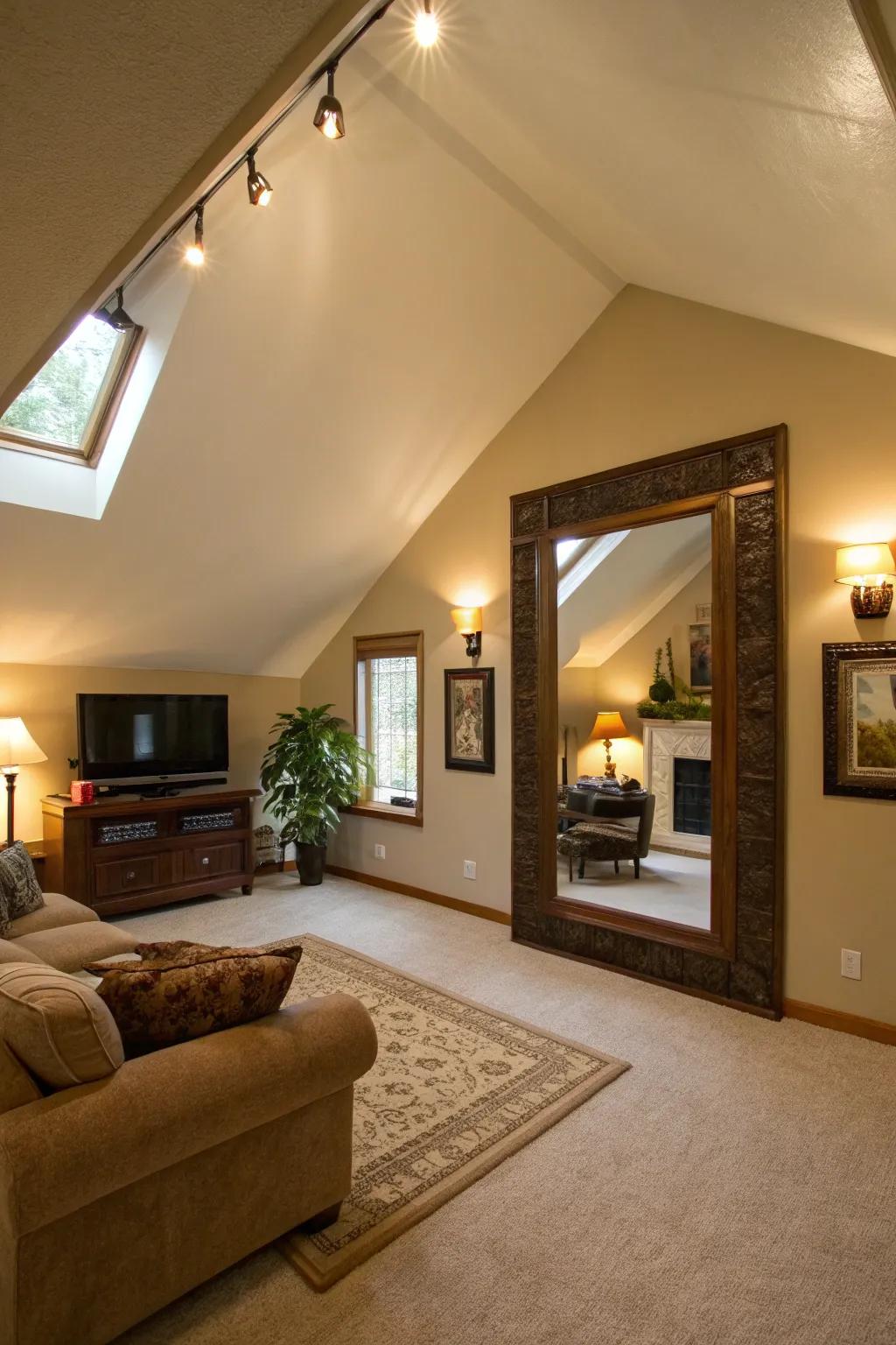 Mirrors enhance light in a high ceiling room.