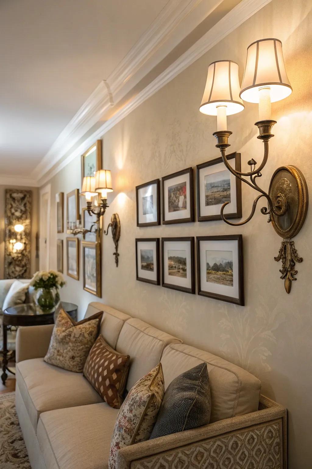 Elegant sconces add ambient lighting to the living room.