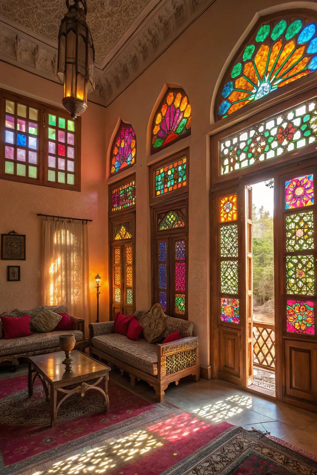 Painted glass windows bestowing an element of vibrancy and artistry.