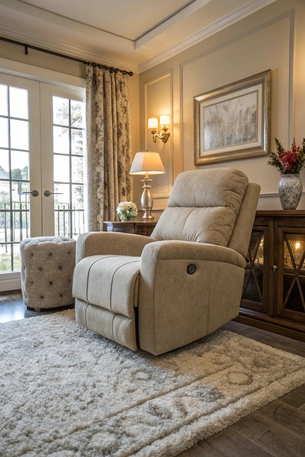 A lavish sensation achieved through a recliner paired with an area rug in a living space.