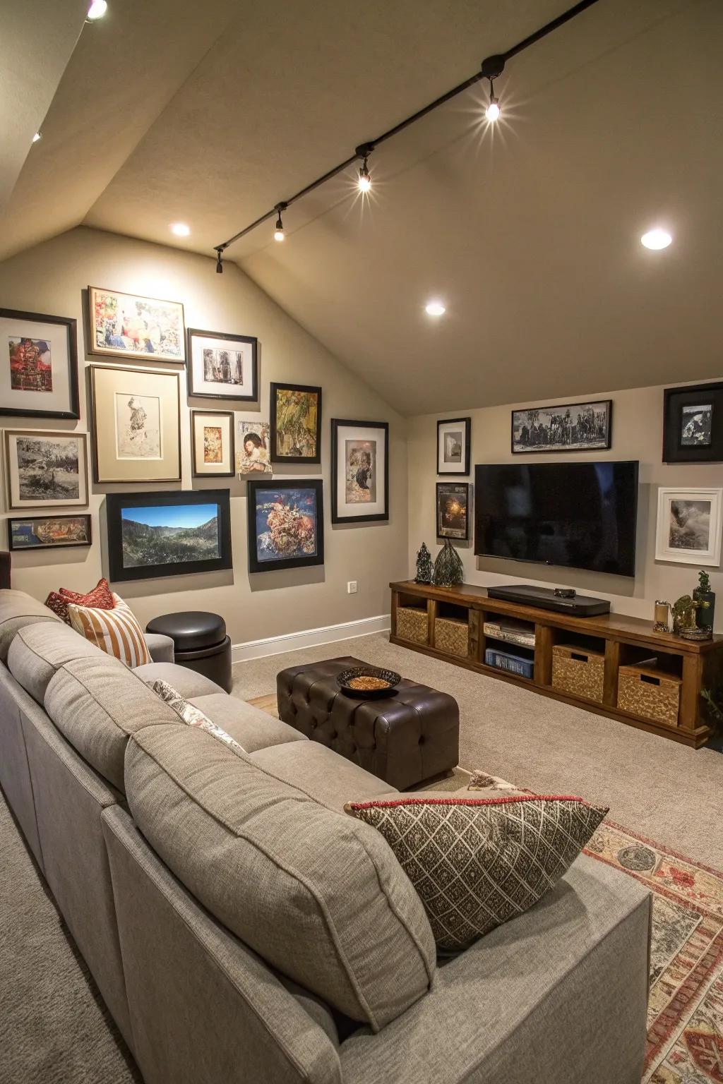 A gallery wall makes your media room personal with art and memories.