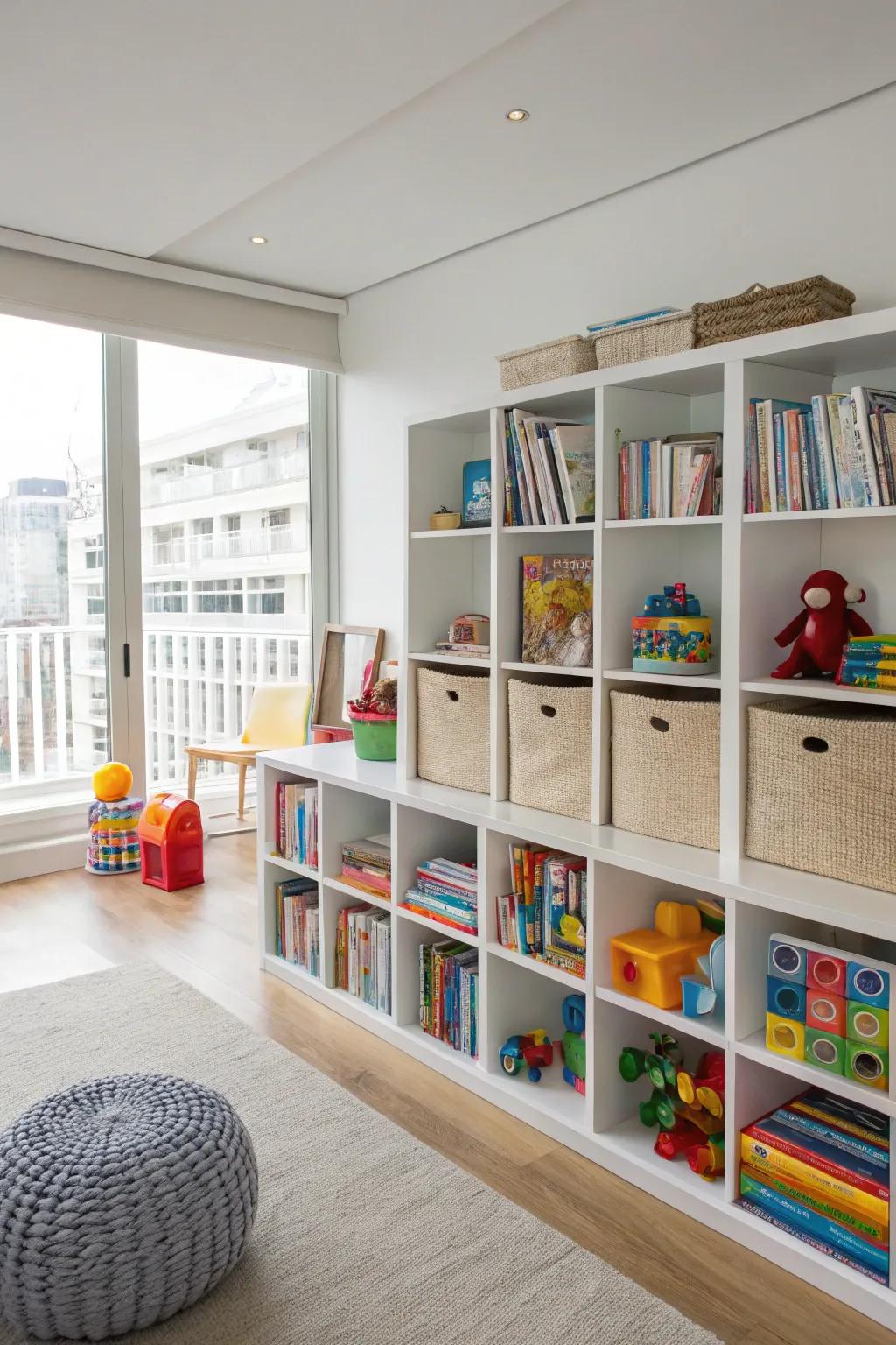 An integral storage system keeps the playroom organized.