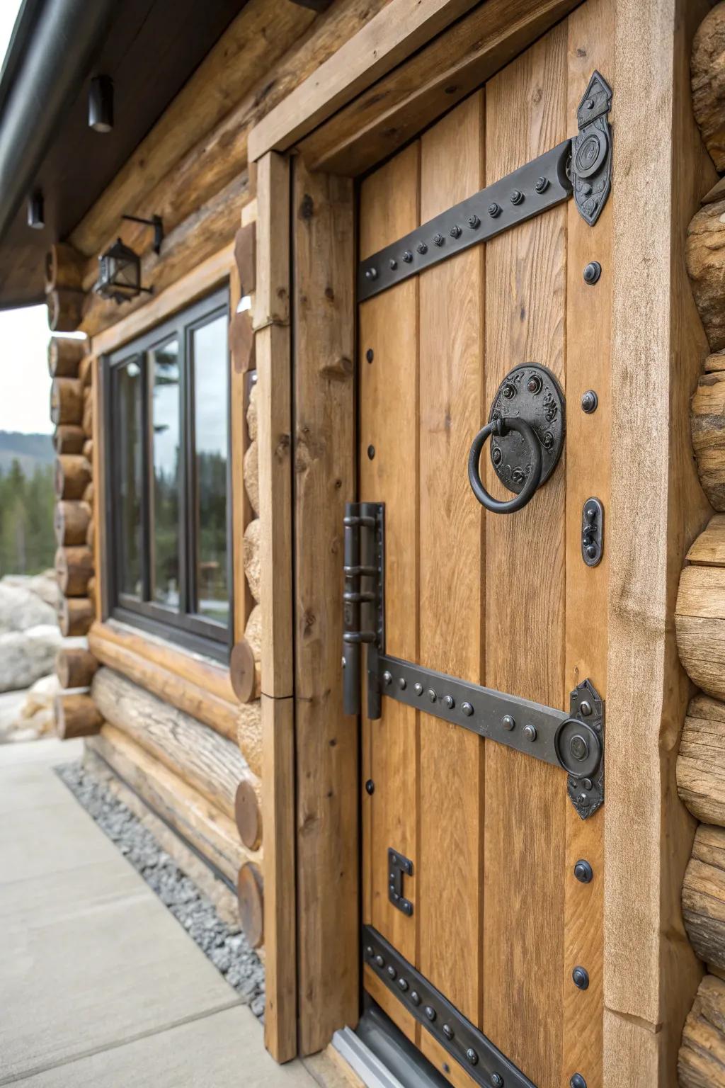 Log cabin doorway featuring factory metal components.