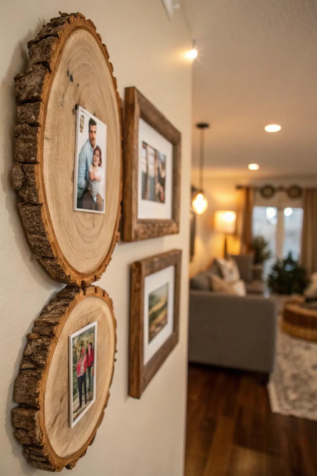 Log section frames displaying family photos.