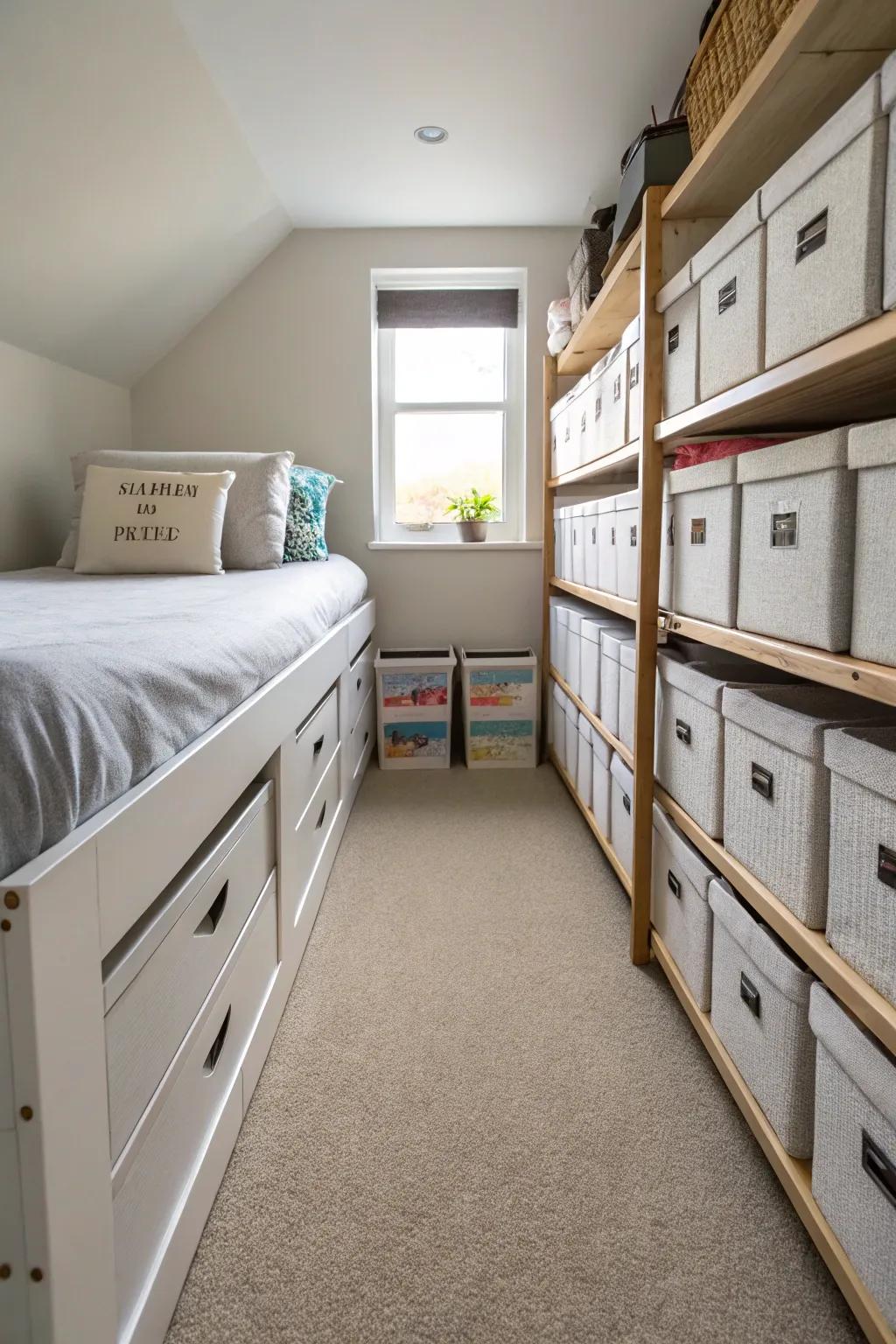 Under-bed boxes sustain an uncluttered look.