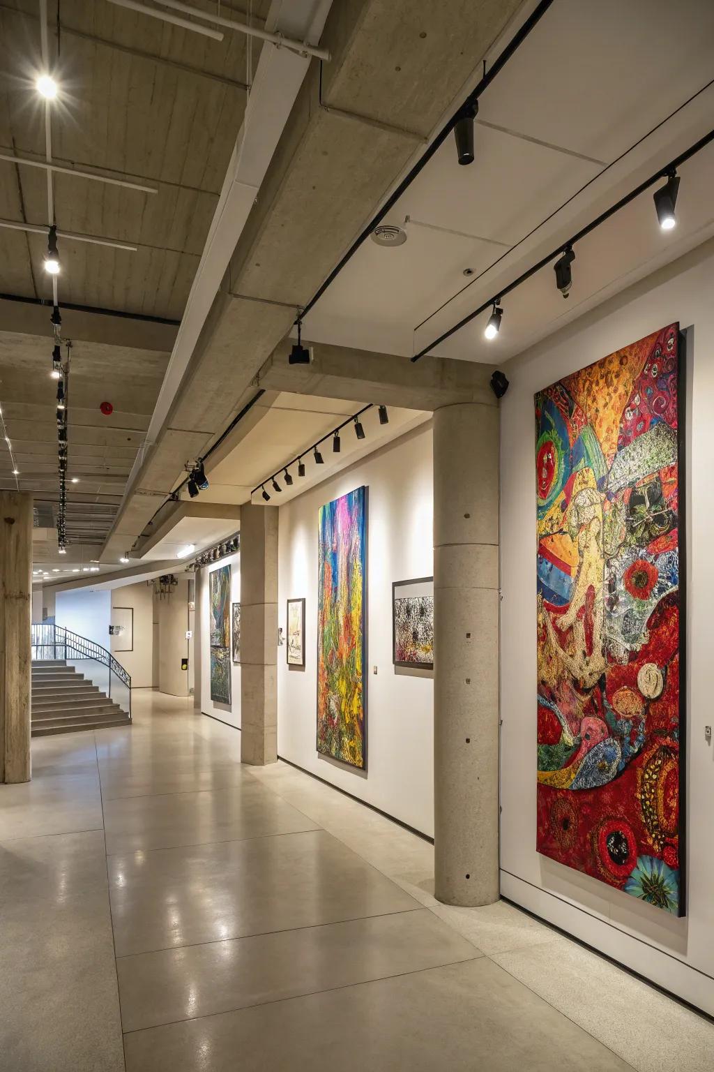 Strategic artwork draws attention from low ceilings.