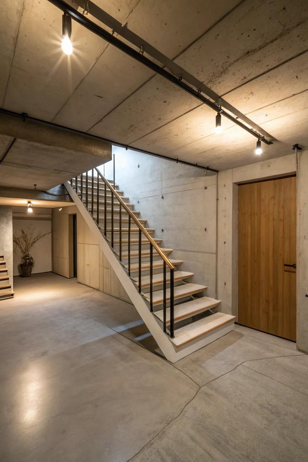 Open steps add an element of modernity and airiness to the basement.