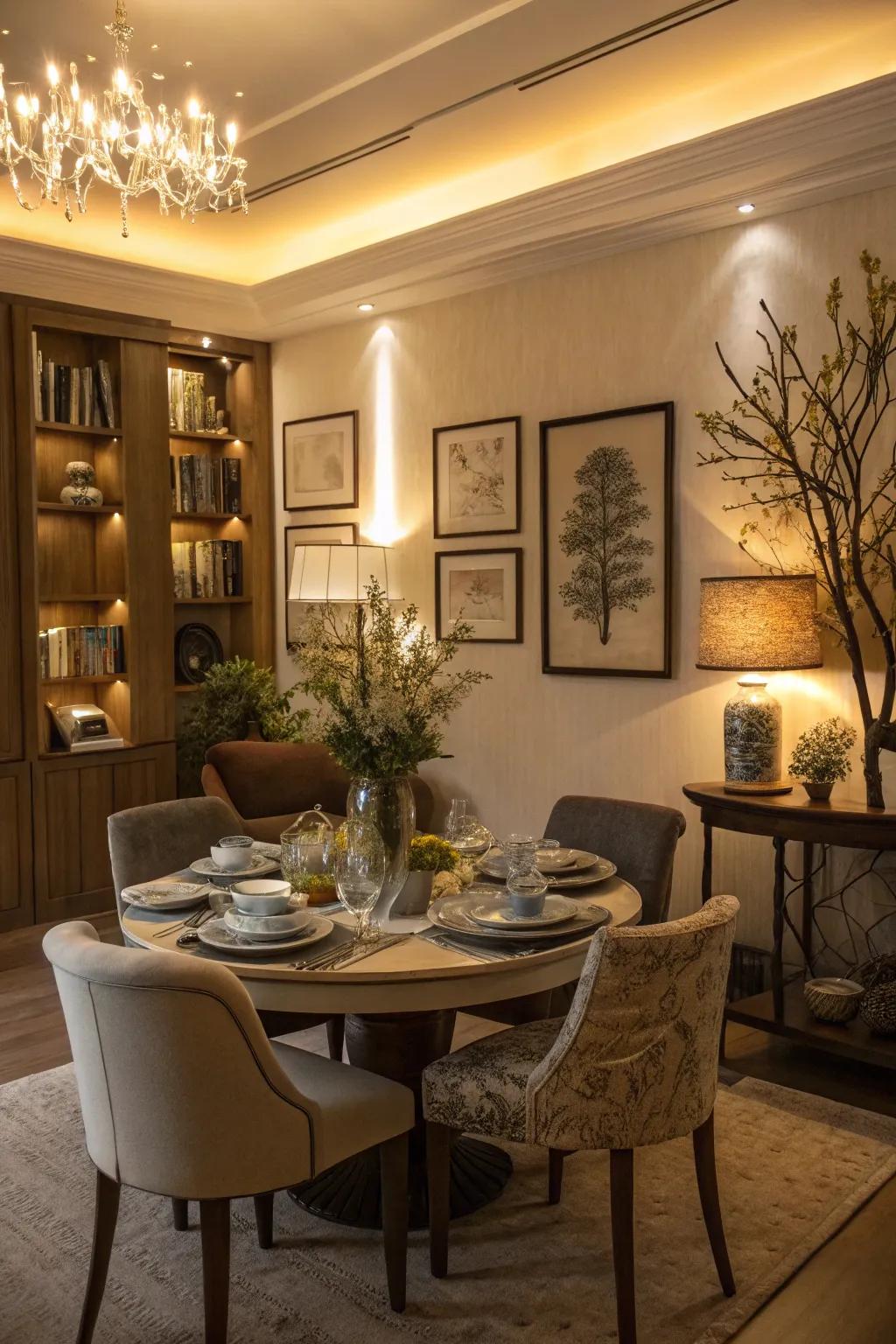 Accent lighting enhancing decor in a dining space.