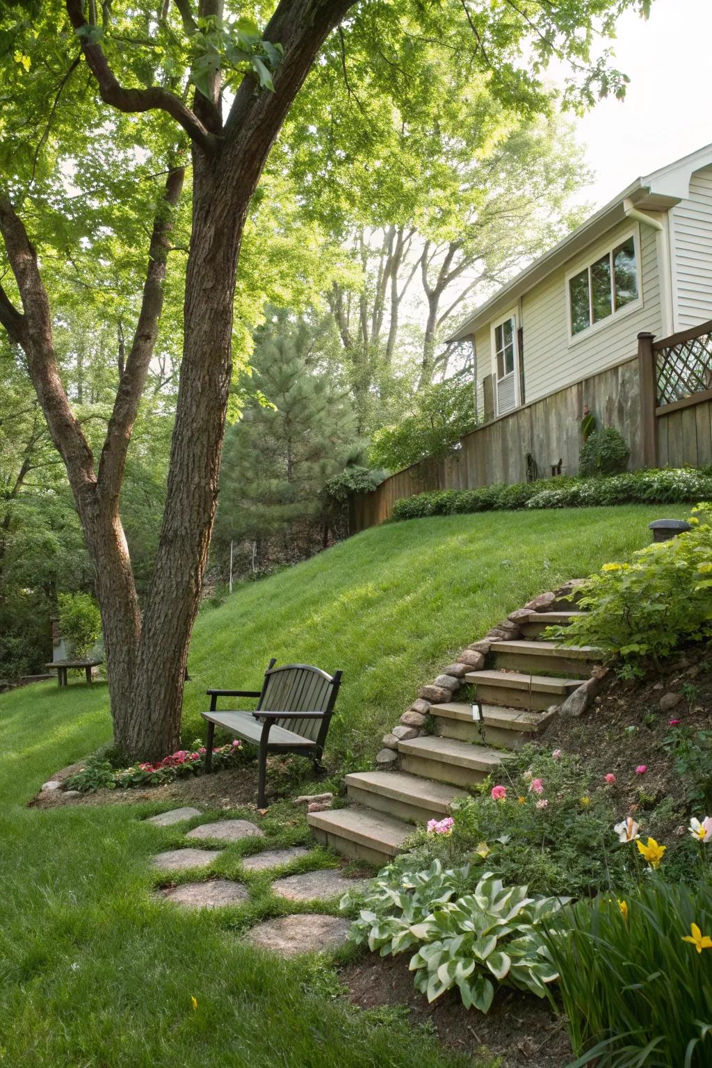 A relaxation zone injects a personal flourish into sloping front gardens.