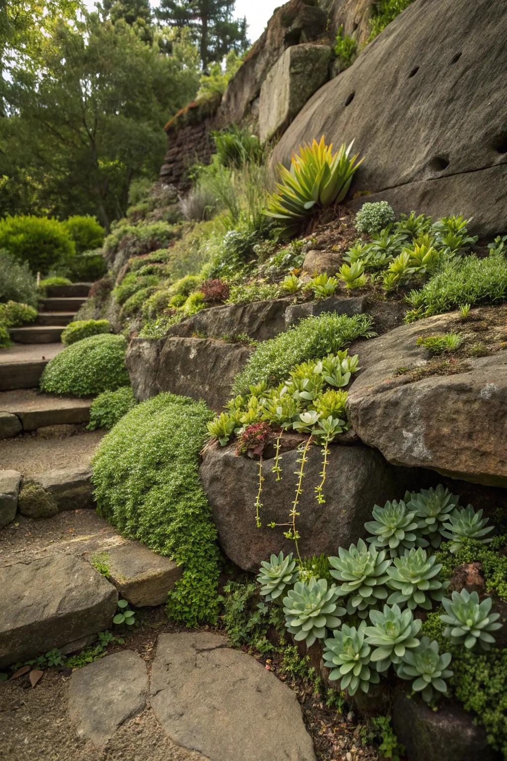 Vertical planting adds a unique dimension to a rock garden.