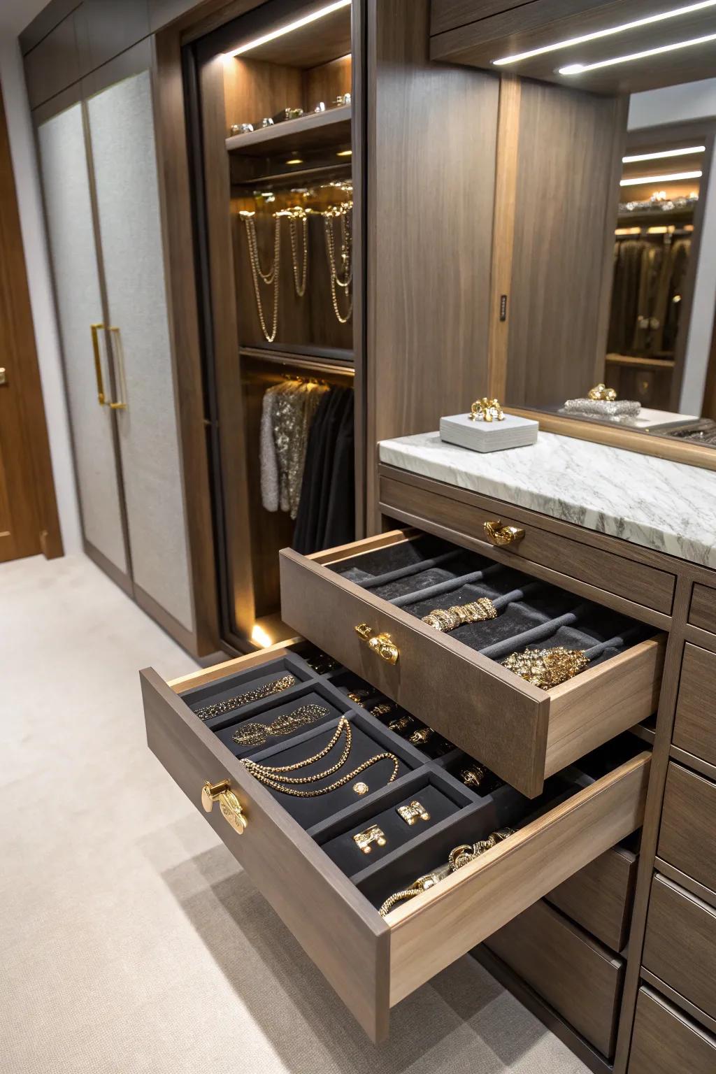 Concealed compartments offering secure storage for jewelry.
