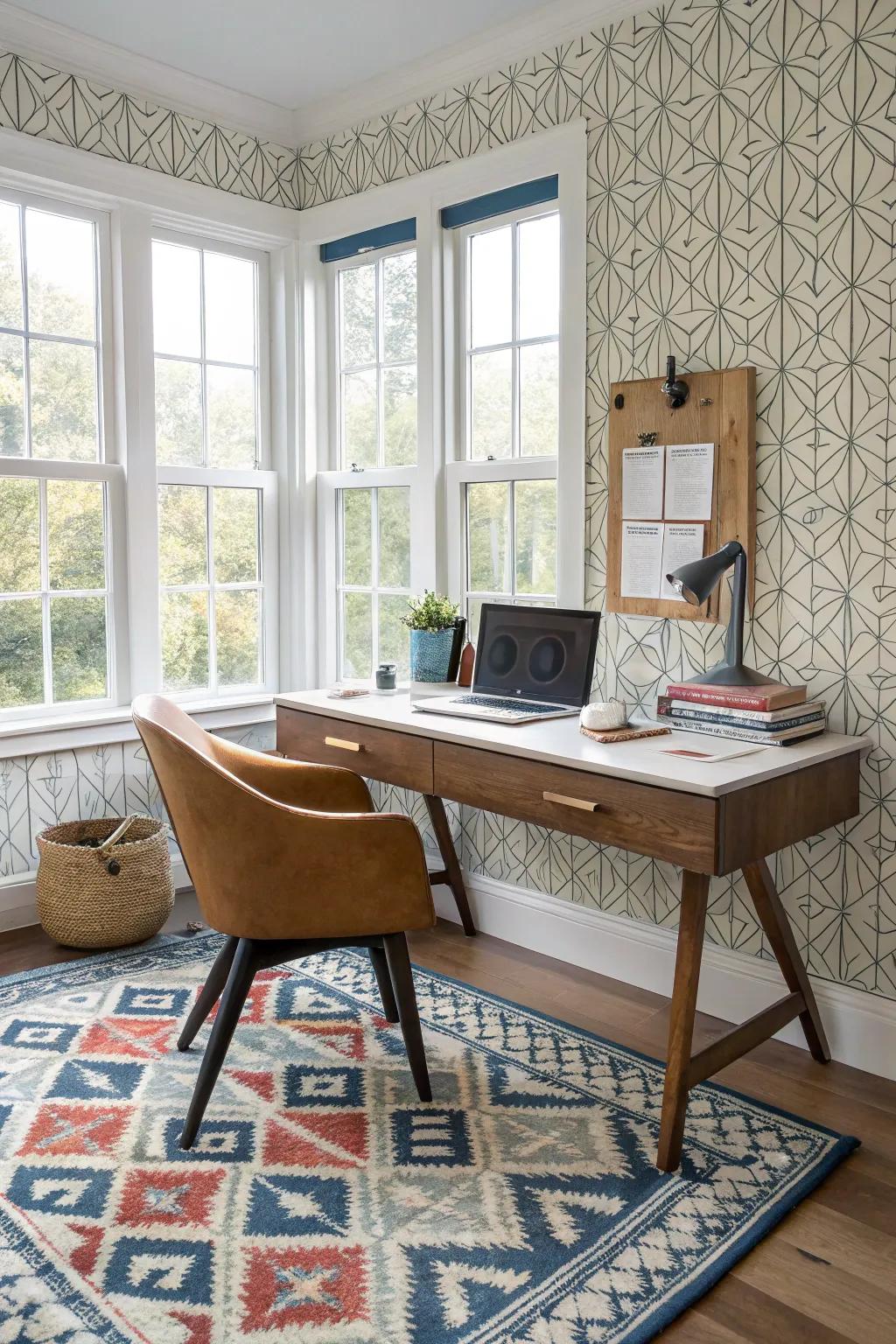 A modern home office with shapes adding visual interest.