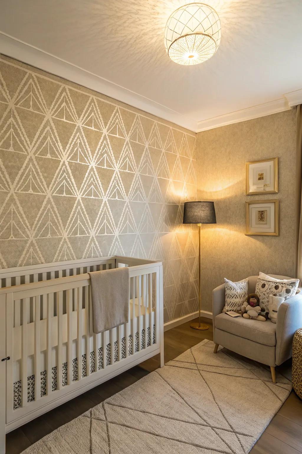A nursery with artistic walls using textured wallpaper and geometric patterns.