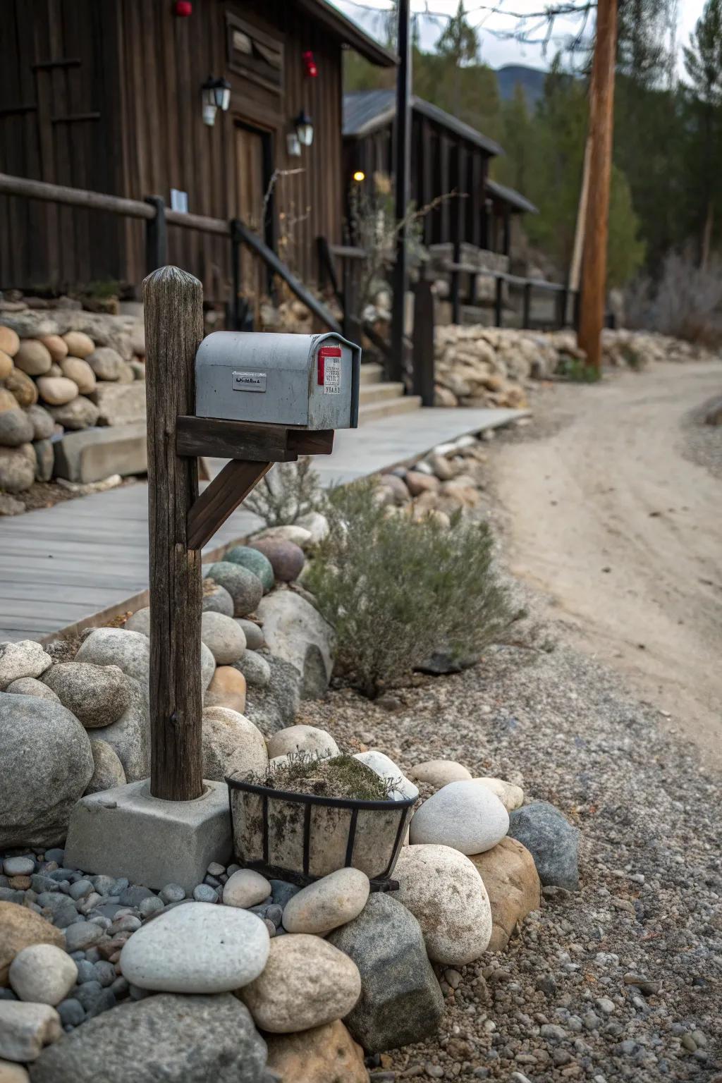 Combined materials fashion a distinctive and personalized mailbox zone.