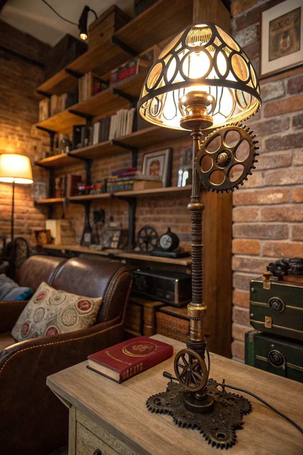 A steampunk lamp adds character and warmth to the décor.