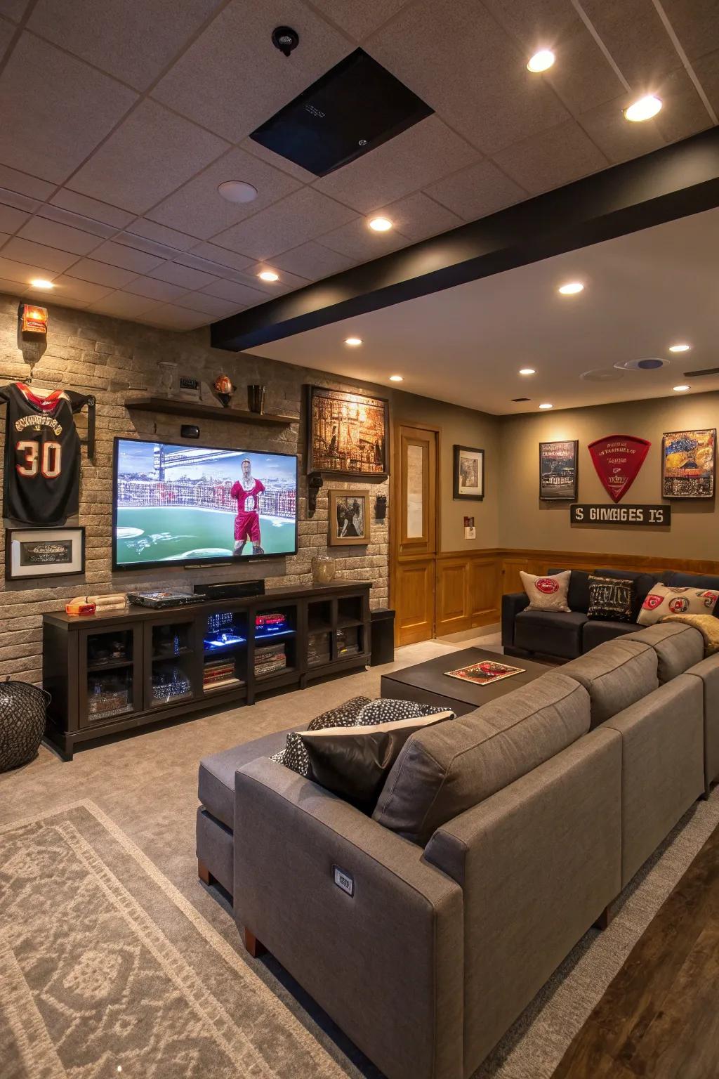 Integrated technology furnishes convenience within this modern man cave.
