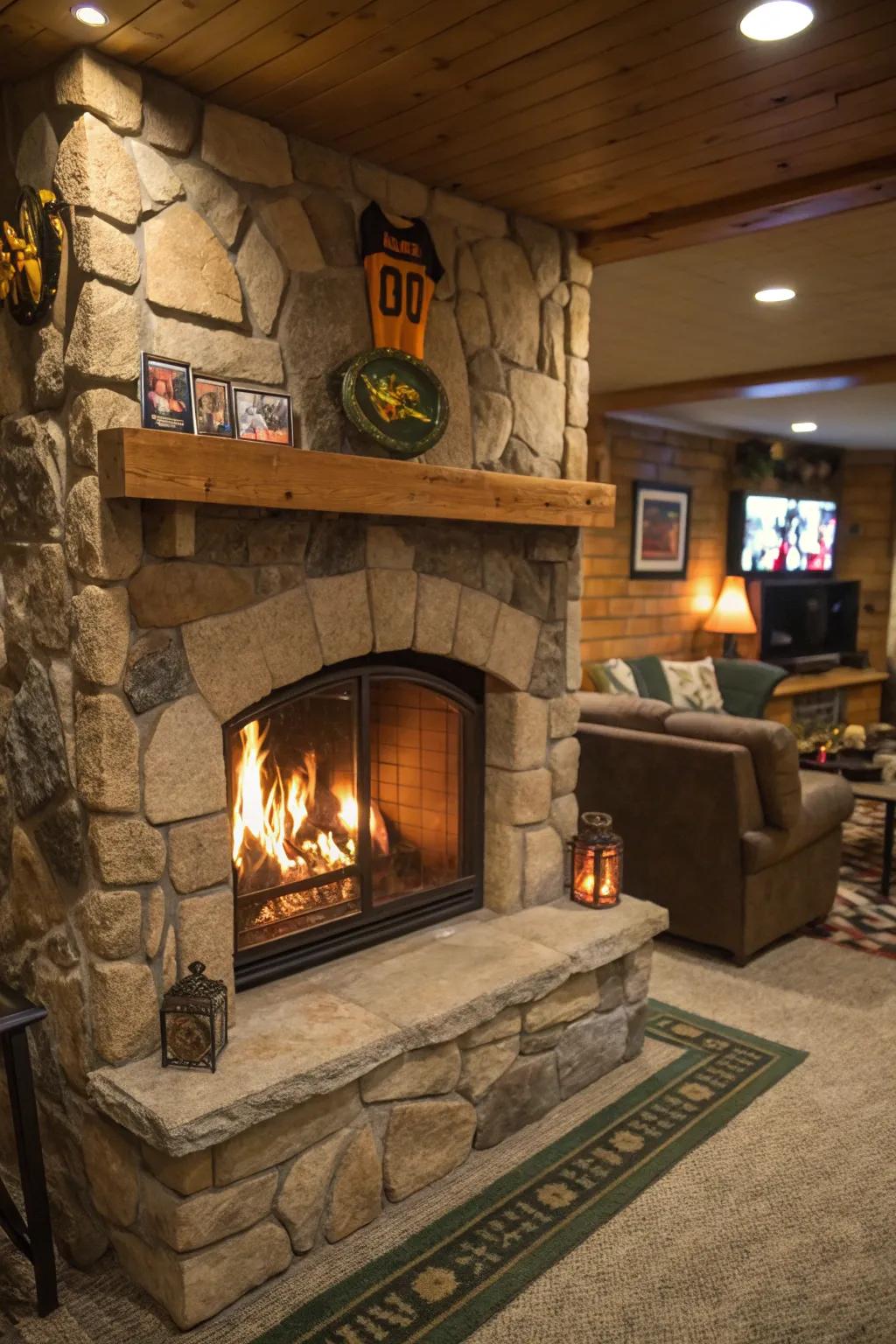 A cozy indoor heating unit enhancing the ambiance of a man cave.