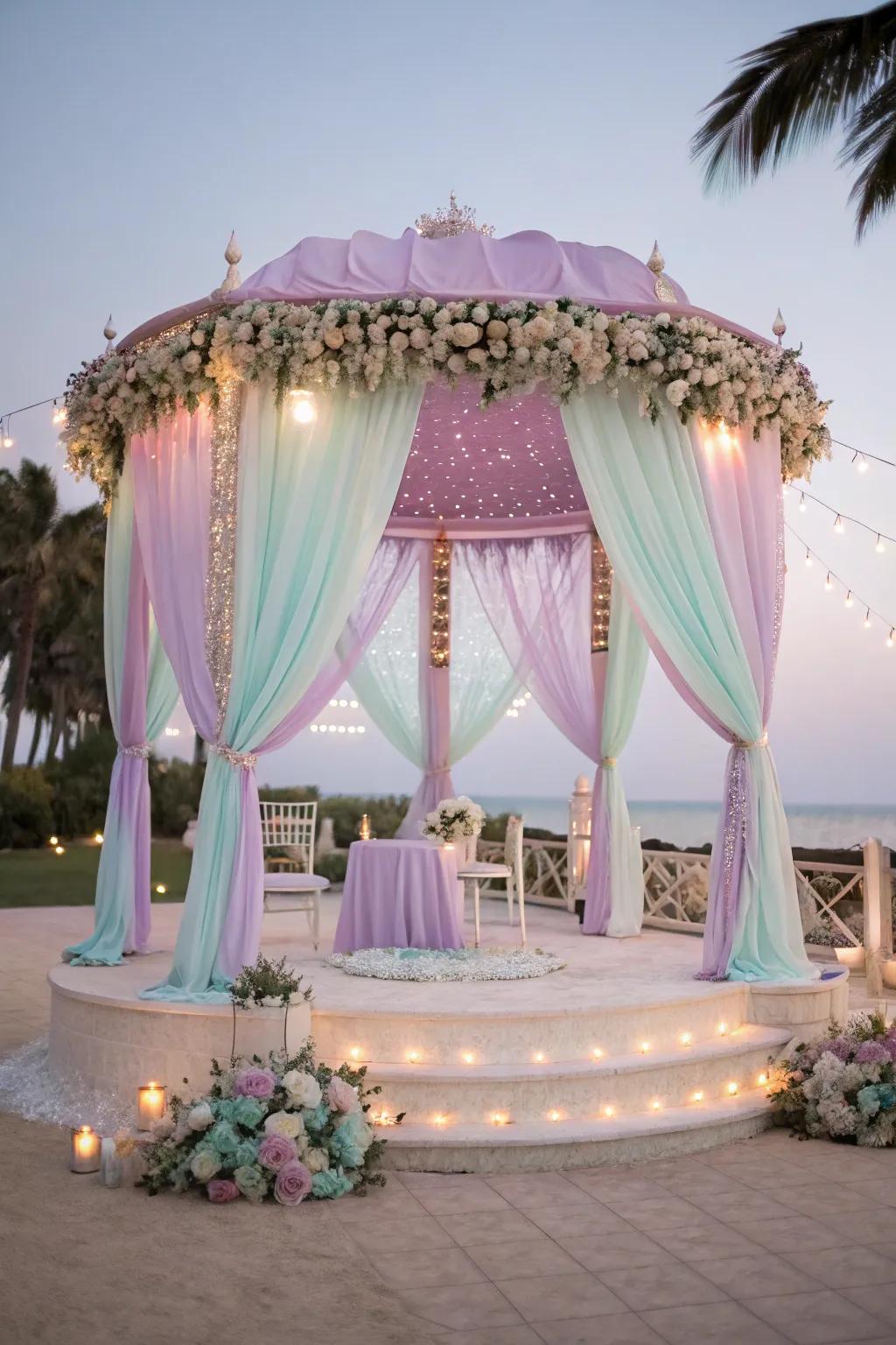 Soft tones fashion a tranquil and dreamy atmosphere in a mandap.