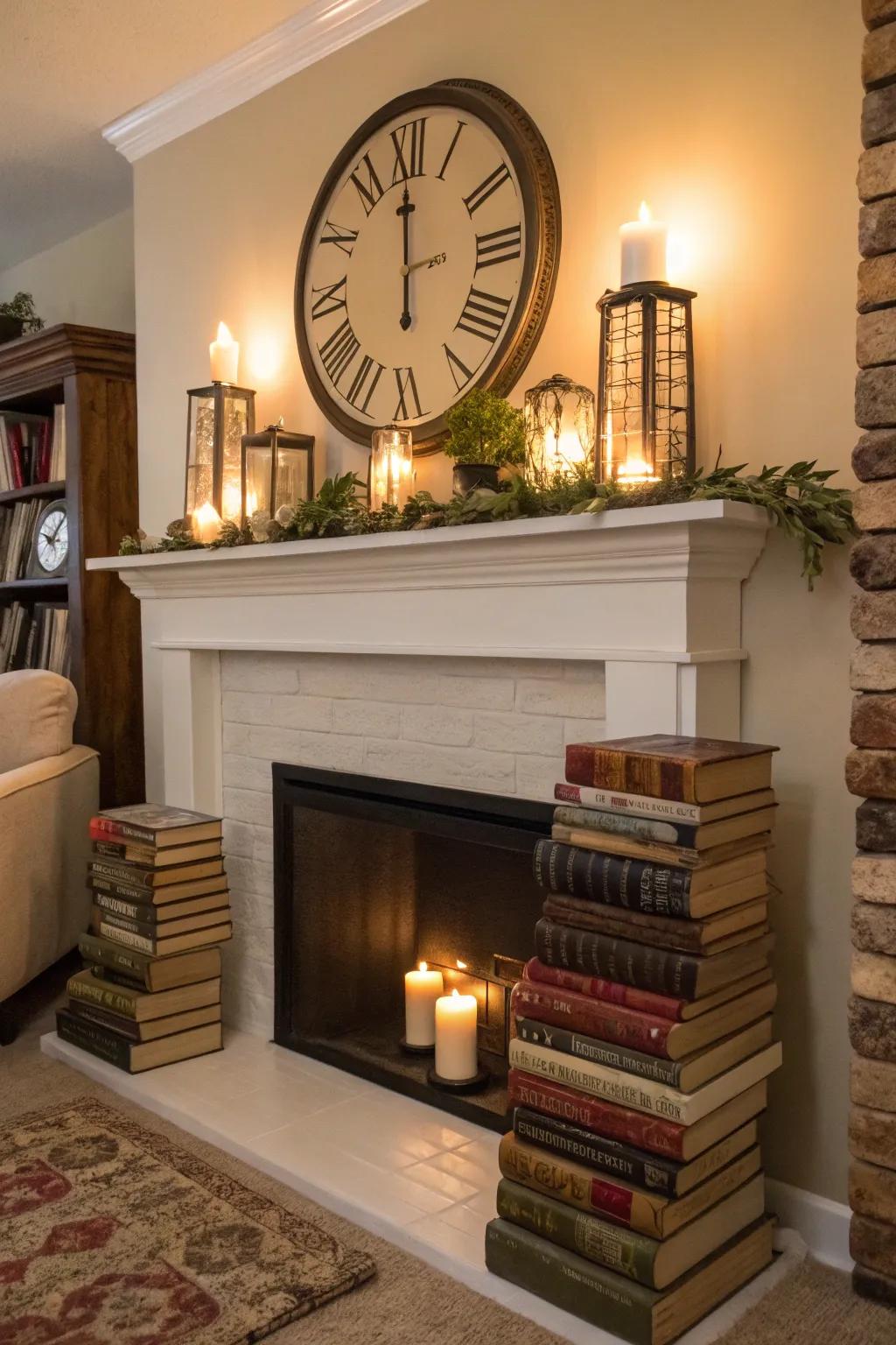 A cozy book nook on the mantel featuring a clock and books.