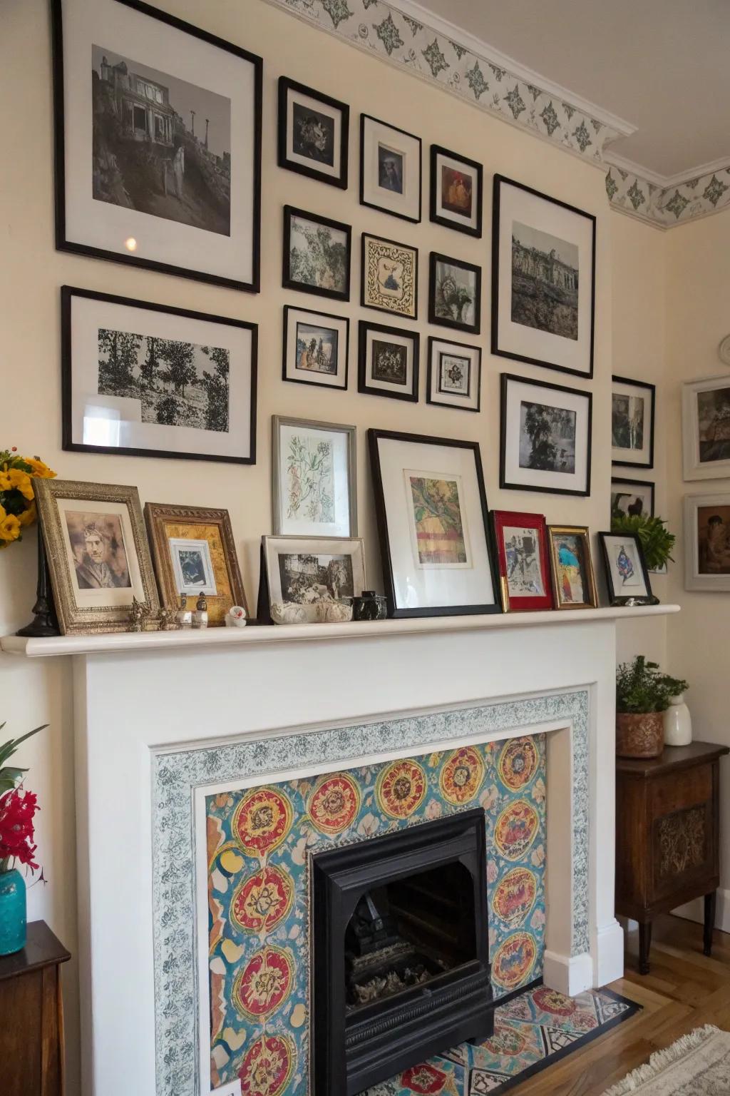 A gallery enhances the mantel.