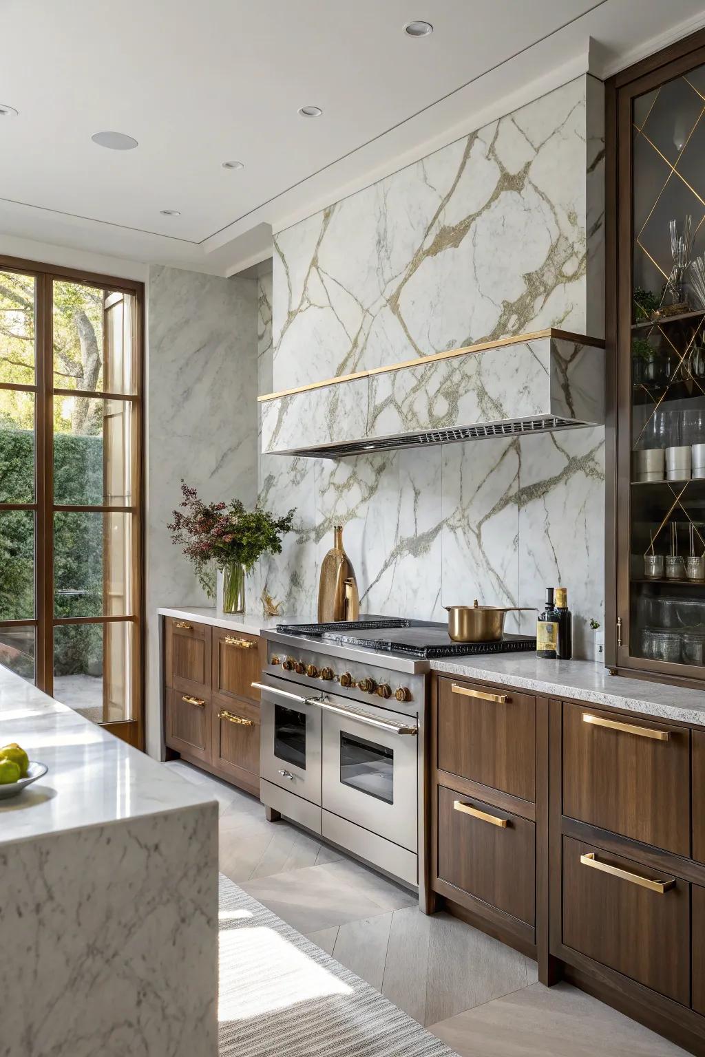 A chic kitchen with marble backsplash and metallic touches.
